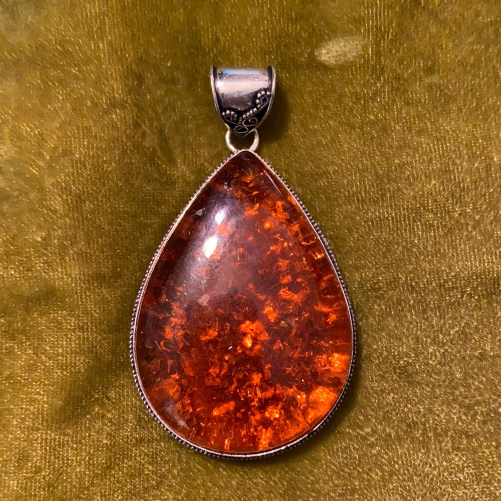 Large 925 sterling silver teardrop amber necklace pendant 2.5” long 1.75” wide